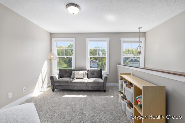 living area with carpet floors, baseboards, and a textured ceiling