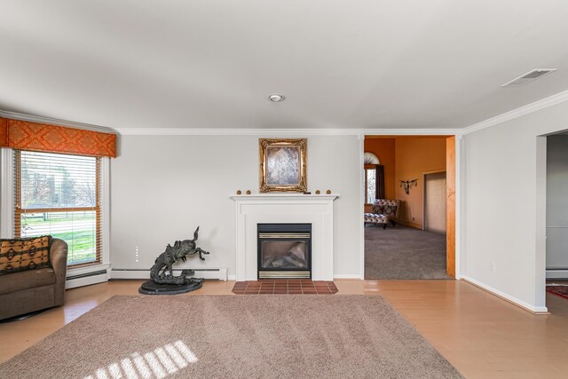 7295 Dutch Rd, Goodrich Vlg, MI 48438 - unfurnished living room with a fireplace with flush hearth, visible vents, crown molding, baseboards, and a baseboard heating unit