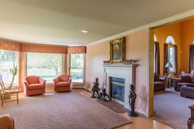 7295 Dutch Rd, Goodrich Vlg, MI 48438 - living area with a fireplace with flush hearth, crown molding, baseboards, wood finished floors, and carpet floors