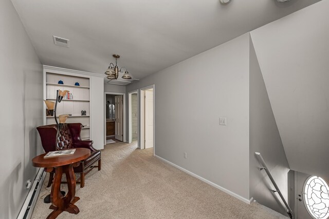 7295 Dutch Rd, Goodrich Vlg, MI 48438 - sitting room featuring visible vents, a chandelier, baseboards, light carpet, and a baseboard heating unit