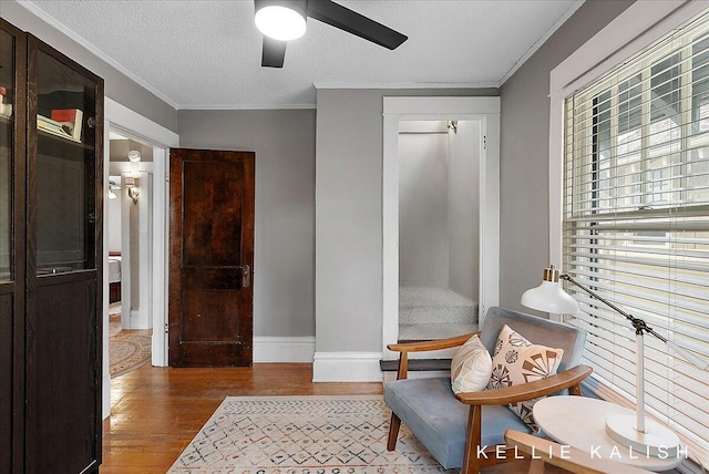 548 Pleasant St SE, Grand Rapids, MI 49503 - sitting room with wood finished floors, a ceiling fan, ornamental molding, and a textured ceiling