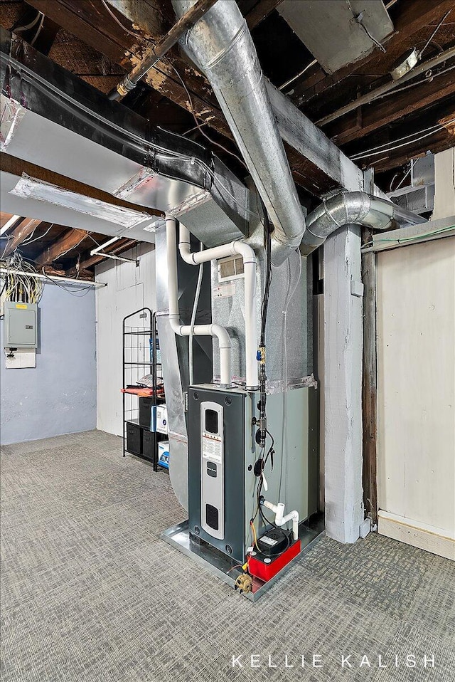 548 Pleasant St SE, Grand Rapids, MI 49503 - unfinished basement with electric panel, carpet flooring, and heating unit
