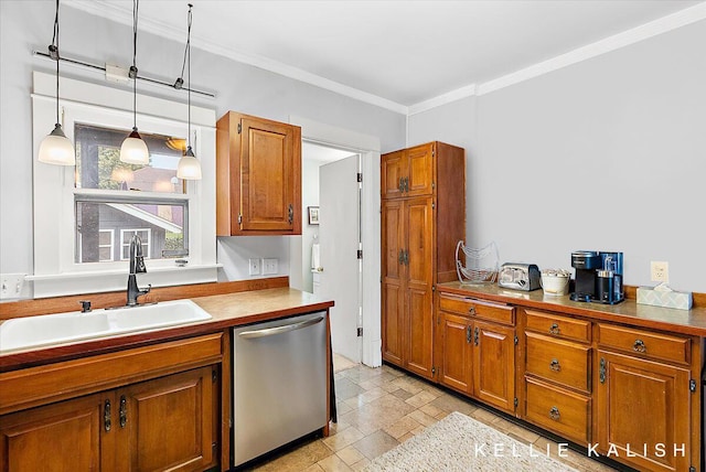548 Pleasant St SE, Grand Rapids, MI 49503 - kitchen featuring dishwasher, brown cabinets, ornamental molding, stone tile flooring, and decorative light fixtures