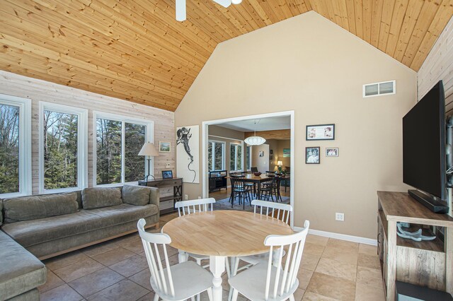 dining room featuring baseboards, visible vents, high vaulted ceiling, and wood ceiling