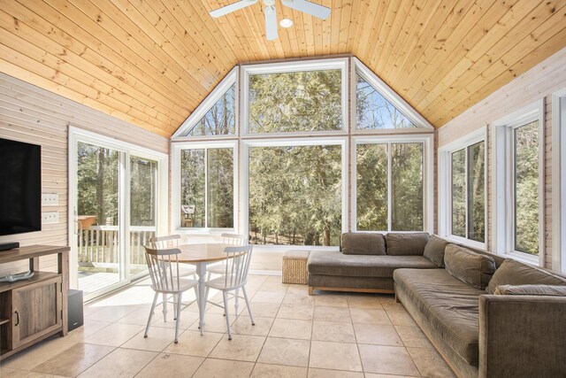 sunroom / solarium with tile patterned floors, high vaulted ceiling, and wooden ceiling