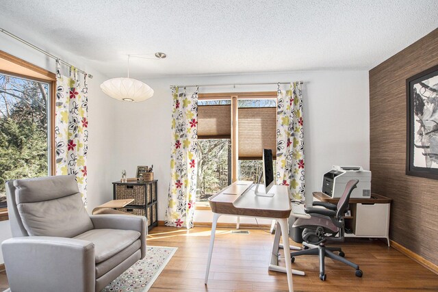 office space featuring baseboards, a textured ceiling, wood finished floors, and an accent wall