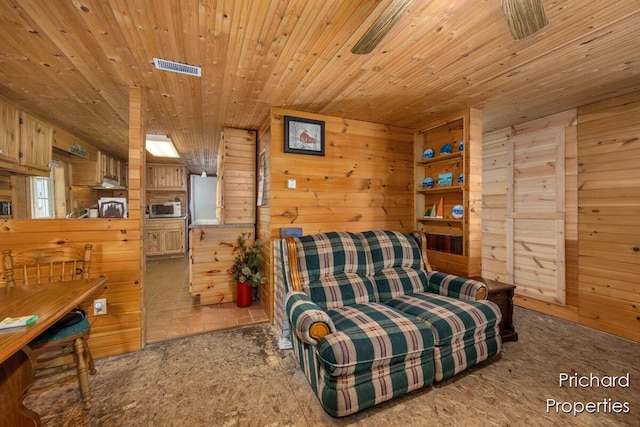 sitting room with visible vents, wooden walls, and wood ceiling