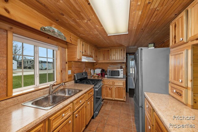 kitchen featuring light countertops, wooden ceiling, a sink, and stainless steel appliances