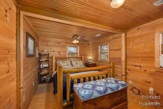 bedroom featuring wood walls, visible vents, wood ceiling, and wood finished floors