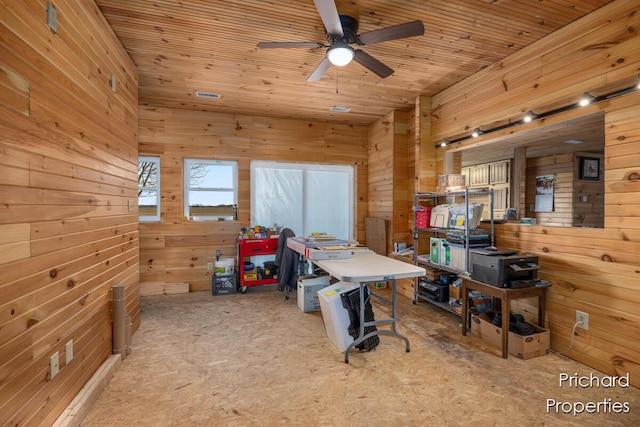 office with ceiling fan, wood walls, and wooden ceiling