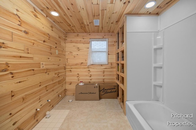 bathroom with wooden walls, tile patterned floors, recessed lighting, and wooden ceiling