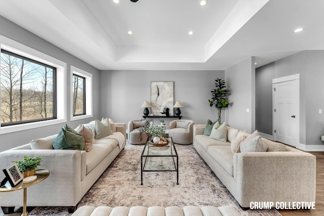 living area featuring baseboards, wood finished floors, recessed lighting, and a raised ceiling
