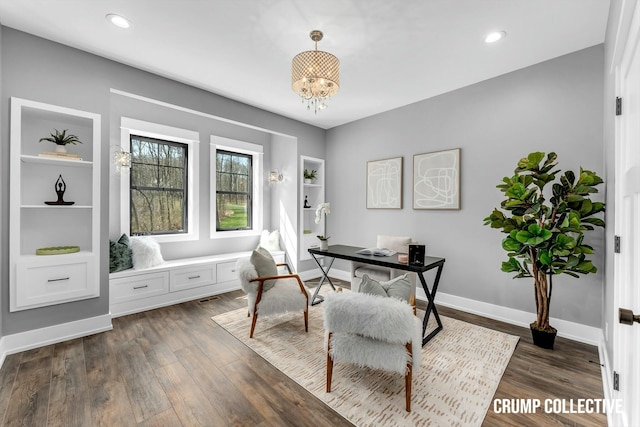 office space with baseboards, a chandelier, recessed lighting, and dark wood finished floors