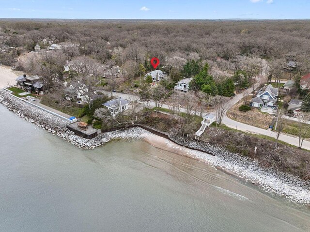 4117 Lake Shore Dr, New Buffalo, MI 49117 - bird's eye view featuring a forest view, a residential view, and a water view
