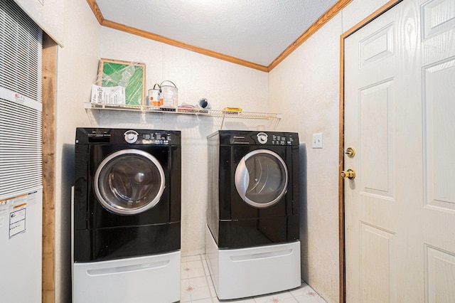 67173 Bulhand Rd, Cassopolis, MI 49031 - washroom with crown molding, a heating unit, washing machine and clothes dryer, light tile patterned floors, and a textured ceiling