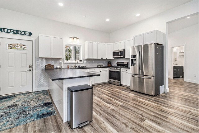 1641 N Arrowhead Rd, Mears, MI 49436 - kitchen featuring a peninsula, dark countertops, light wood-style floors, appliances with stainless steel finishes, and a sink