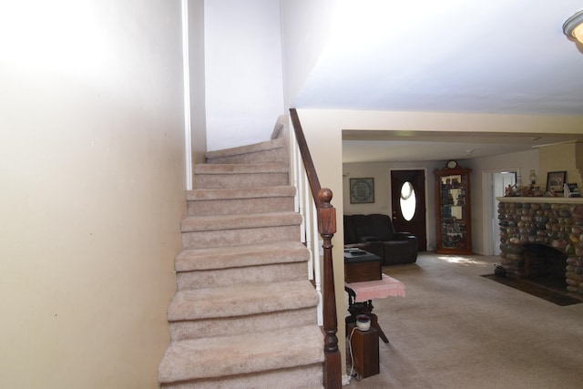 staircase featuring carpet floors