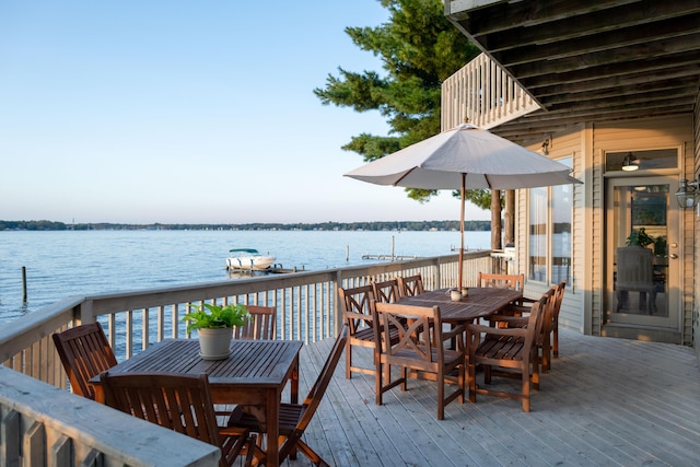 1761 S Shore Dr, Holland, MI 49423 - wooden terrace with outdoor dining area, a water view, and a boat dock
