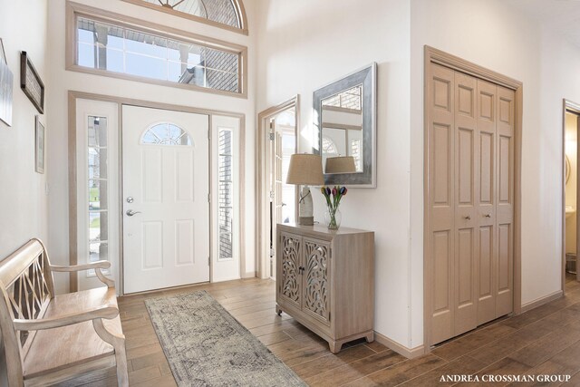 1761 S Shore Dr, Holland, MI 49423 - entrance foyer with baseboards, a high ceiling, and wood finished floors