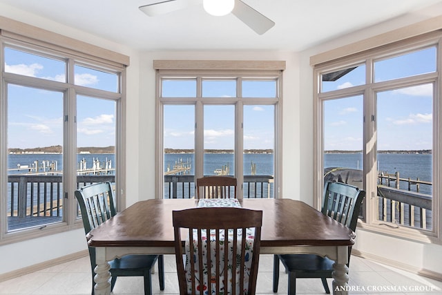 1761 S Shore Dr, Holland, MI 49423 - dining room featuring a water view, ceiling fan, and a healthy amount of sunlight