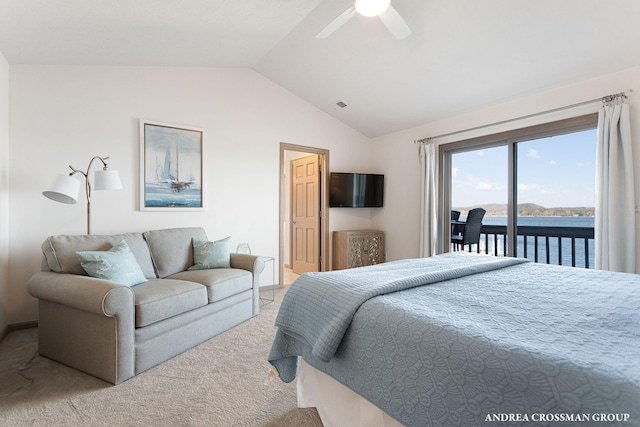 1761 S Shore Dr, Holland, MI 49423 - bedroom featuring access to exterior, a ceiling fan, light carpet, lofted ceiling, and visible vents