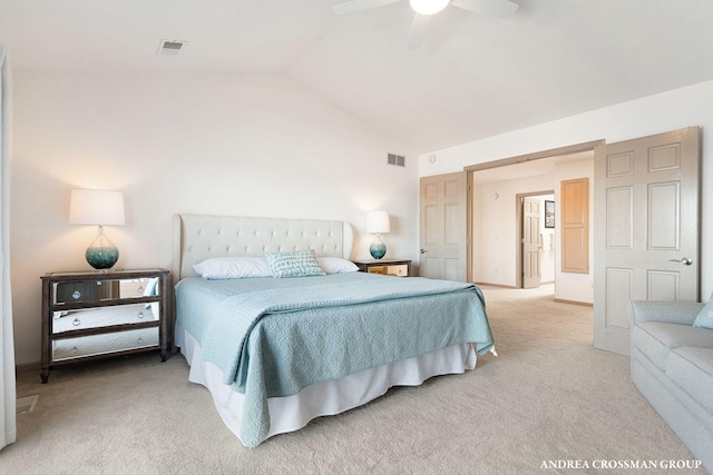 1761 S Shore Dr, Holland, MI 49423 - bedroom featuring a ceiling fan, vaulted ceiling, light colored carpet, and visible vents