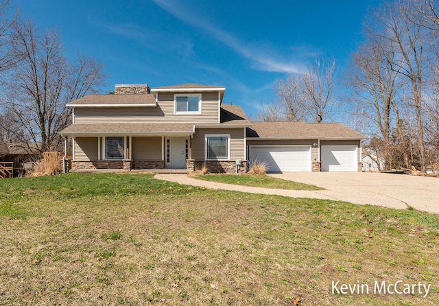 view of front of house featuring stone siding, concrete driveway, a front lawn, a shingled roof, and a garage