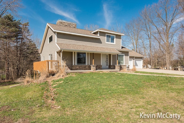 view of front of property featuring stone siding, driveway, a front yard, a garage, and a chimney