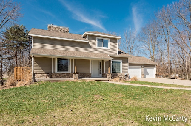 view of front of property featuring stone siding, a chimney, a garage, concrete driveway, and a front lawn