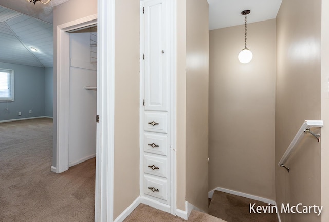 staircase featuring baseboards and carpet flooring