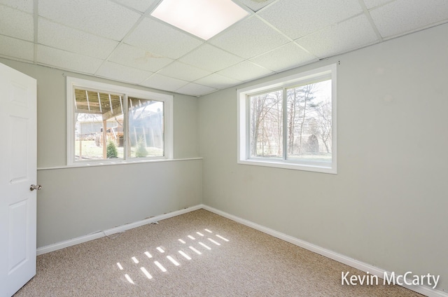 unfurnished room with baseboards, a drop ceiling, carpet, and plenty of natural light