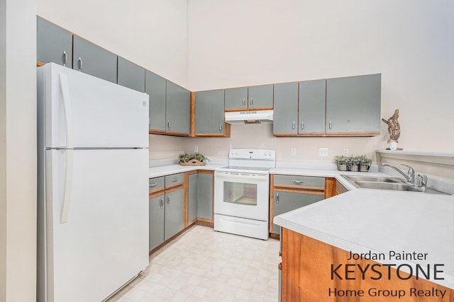8378 S Jasonville Ct SE Unit 58, Caledonia, MI 49316 - kitchen with white appliances, under cabinet range hood, a sink, light flooring, and light countertops