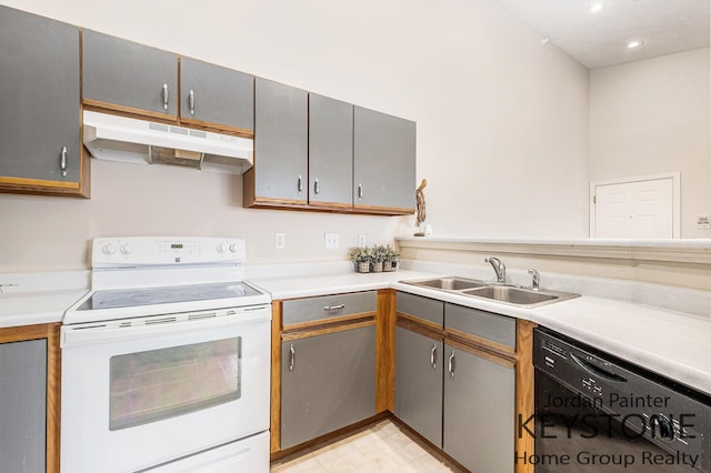 8378 S Jasonville Ct SE Unit 58, Caledonia, MI 49316 - kitchen featuring under cabinet range hood, white electric stove, black dishwasher, a sink, and gray cabinetry