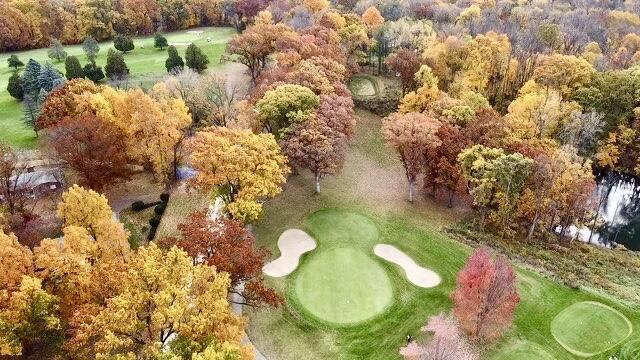 aerial view with golf course view and a view of trees