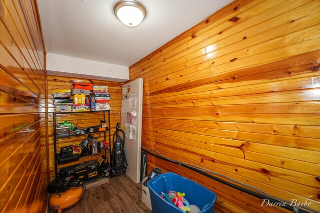 3770 Pine Ln, Saranac, MI 48881 - playroom with wooden walls and dark wood-style floors