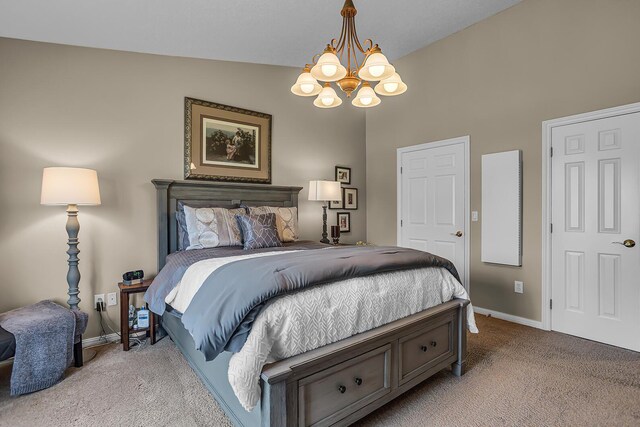 4284 Fairway Ln, Jackson, MI 49201 - bedroom featuring light carpet, an inviting chandelier, baseboards, and lofted ceiling