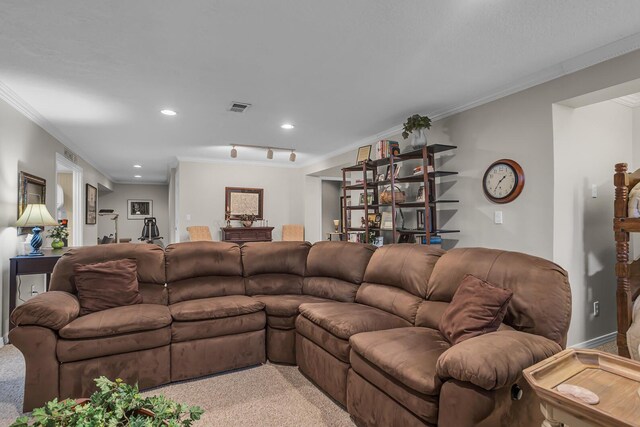 4284 Fairway Ln, Jackson, MI 49201 - living room featuring light carpet, recessed lighting, visible vents, and ornamental molding