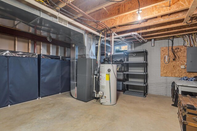 4284 Fairway Ln, Jackson, MI 49201 - basement with electric panel, water heater, and brick wall