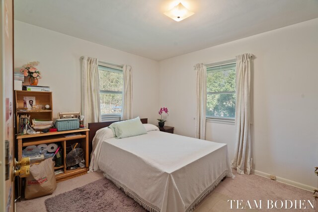 bedroom featuring light carpet, multiple windows, and baseboards
