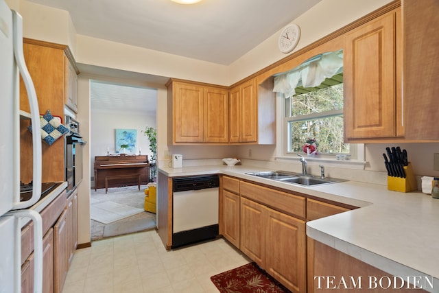 kitchen featuring dishwasher, light countertops, a sink, and oven