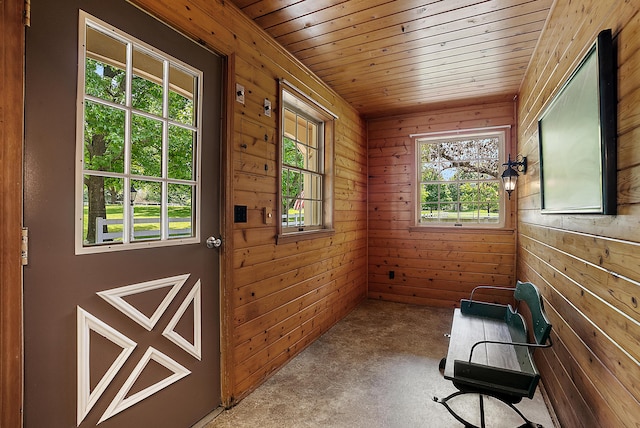 6130 Eidson Rd, Saint Joseph, MI 49085 - doorway with healthy amount of natural light, wood walls, and wooden ceiling