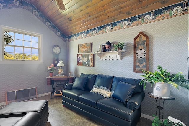 6130 Eidson Rd, Saint Joseph, MI 49085 - living area with wallpapered walls, vaulted ceiling, baseboards, and carpet flooring