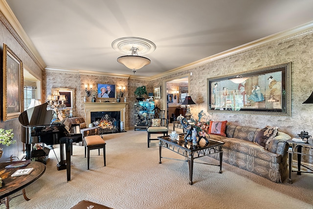 6130 Eidson Rd, Saint Joseph, MI 49085 - living room with carpet floors, crown molding, and a fireplace with flush hearth