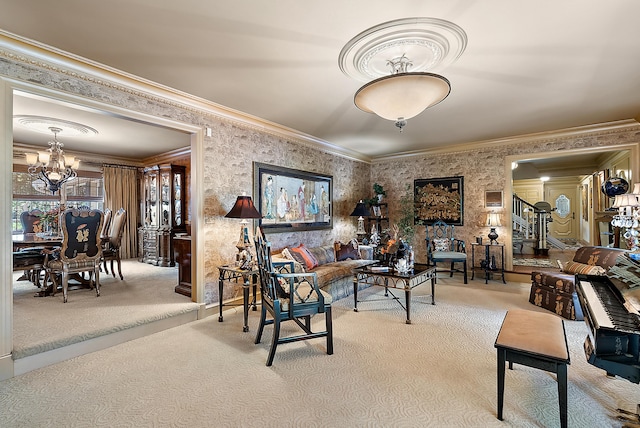 6130 Eidson Rd, Saint Joseph, MI 49085 - carpeted living room with a chandelier, stairway, crown molding, wallpapered walls, and baseboards