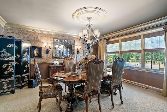 6130 Eidson Rd, Saint Joseph, MI 49085 - dining area with a chandelier, light carpet, ornamental molding, wallpapered walls, and baseboards