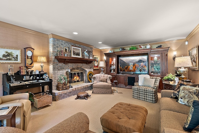 6130 Eidson Rd, Saint Joseph, MI 49085 - living area featuring crown molding, carpet floors, a brick fireplace, and recessed lighting