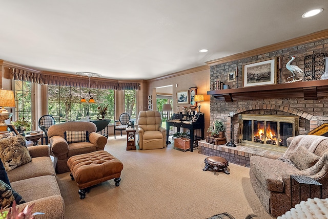 6130 Eidson Rd, Saint Joseph, MI 49085 - living room with carpet flooring, ornamental molding, a fireplace, and recessed lighting