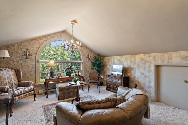 6130 Eidson Rd, Saint Joseph, MI 49085 - living room featuring carpet flooring, baseboard heating, lofted ceiling, a chandelier, and wallpapered walls
