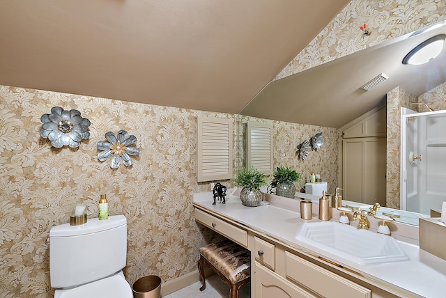6130 Eidson Rd, Saint Joseph, MI 49085 - bathroom featuring vaulted ceiling, toilet, vanity, a shower with shower door, and baseboards