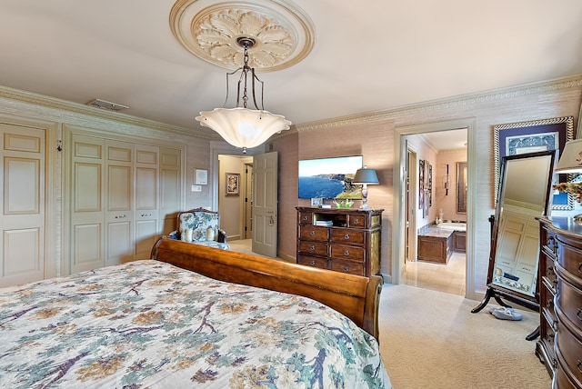 6130 Eidson Rd, Saint Joseph, MI 49085 - bedroom featuring carpet, a closet, crown molding, and connected bathroom